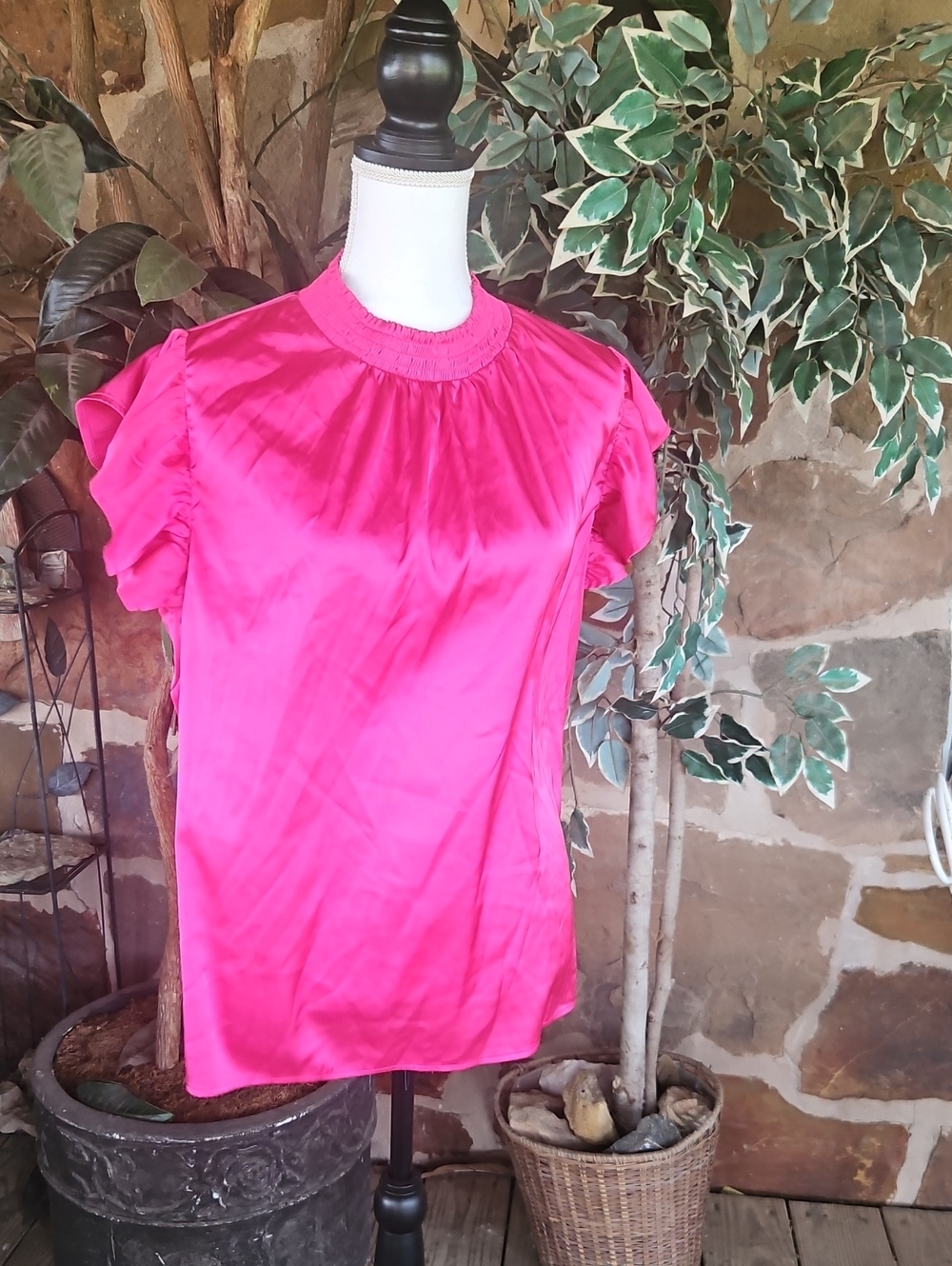 Fuchsia Short-Sleeve Ruffle Shoulder Blouse